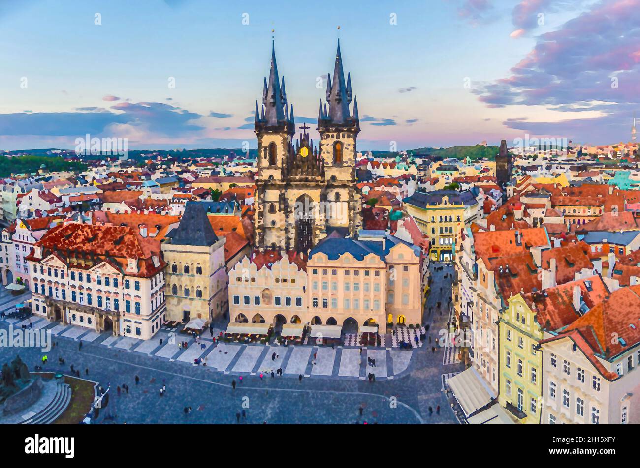 Dessin aquarelle du panorama du centre historique de Prague Stare Mesto place de la vieille ville Staromestske namesti avec l'église gothique notre Dame avant Tyn. Banque D'Images