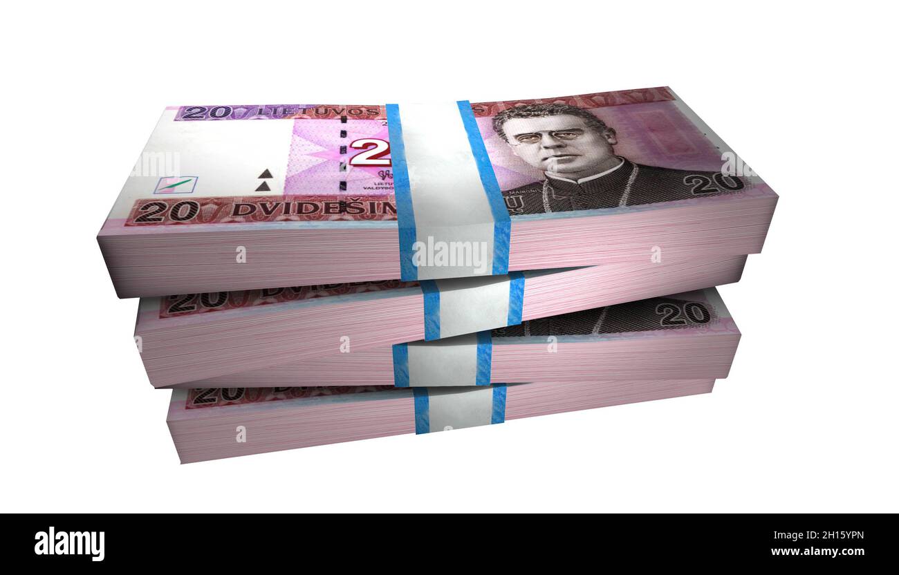 Illustration 3D de la pile monétaire des billets de la Lituanie de 20 sur fond blanc Banque D'Images