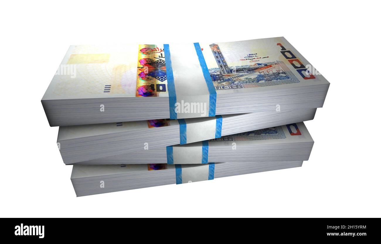 Illustration 3D de la pile monétaire des billets de l'Algérie sur fond blanc Banque D'Images