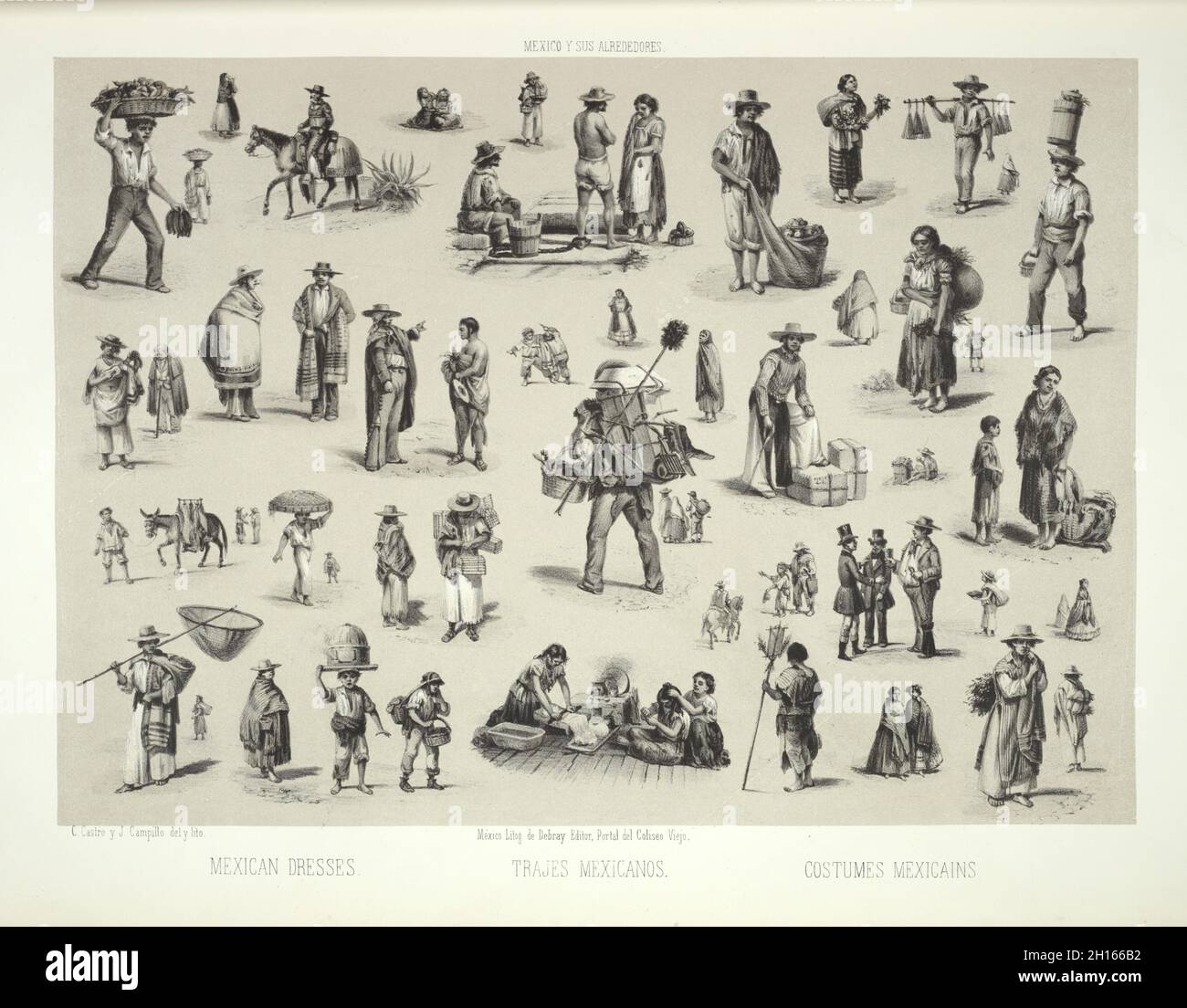 Lithographie montrant des gens portant des costumes traditionnels mexicains ou traje ca.1869 Banque D'Images