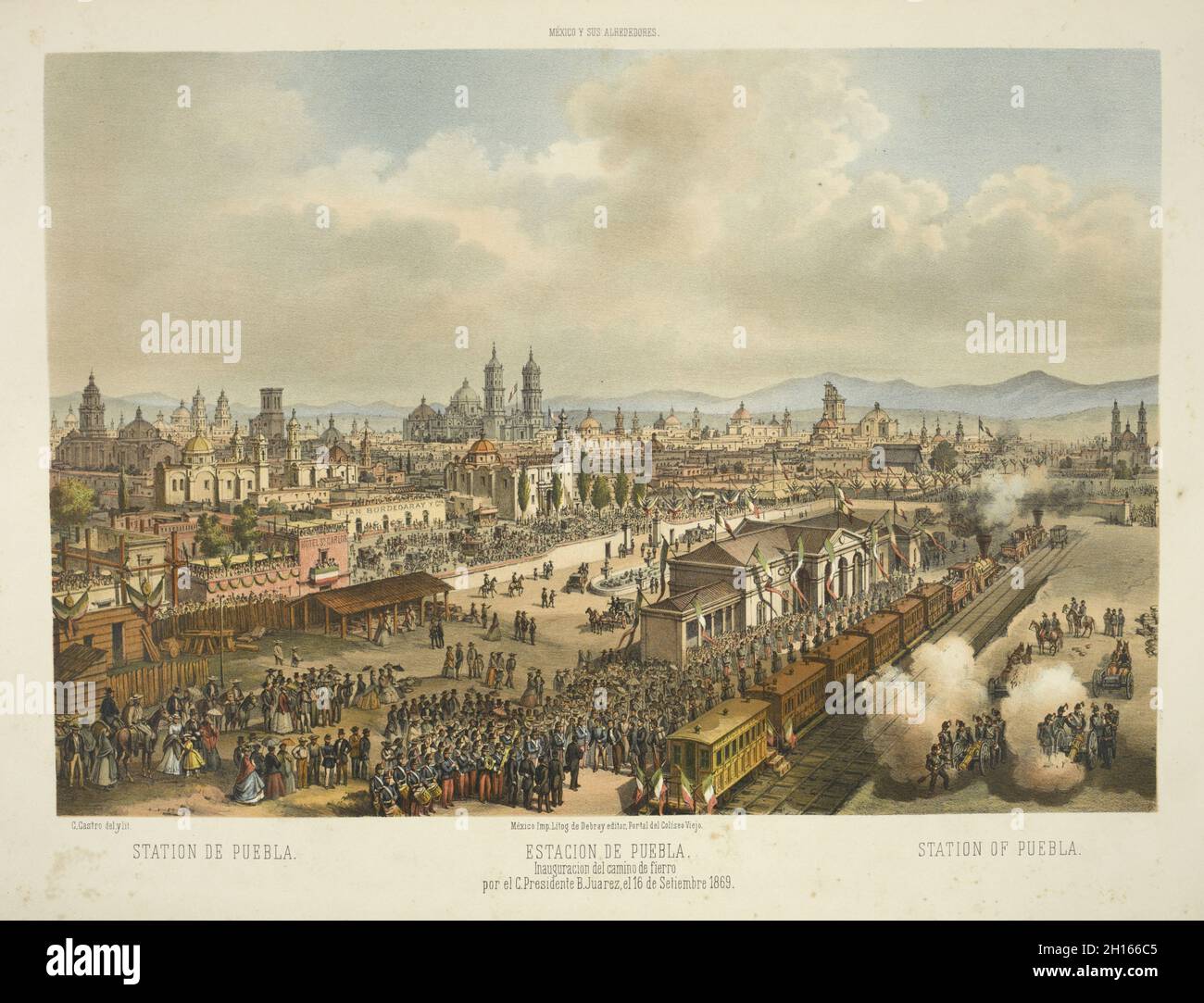 Lithographie de la gare dans la ville de Puebla, Mexique, ca.1869 inauguration de la gare de Puebla par le président mexicain Benito Juarez. Banque D'Images
