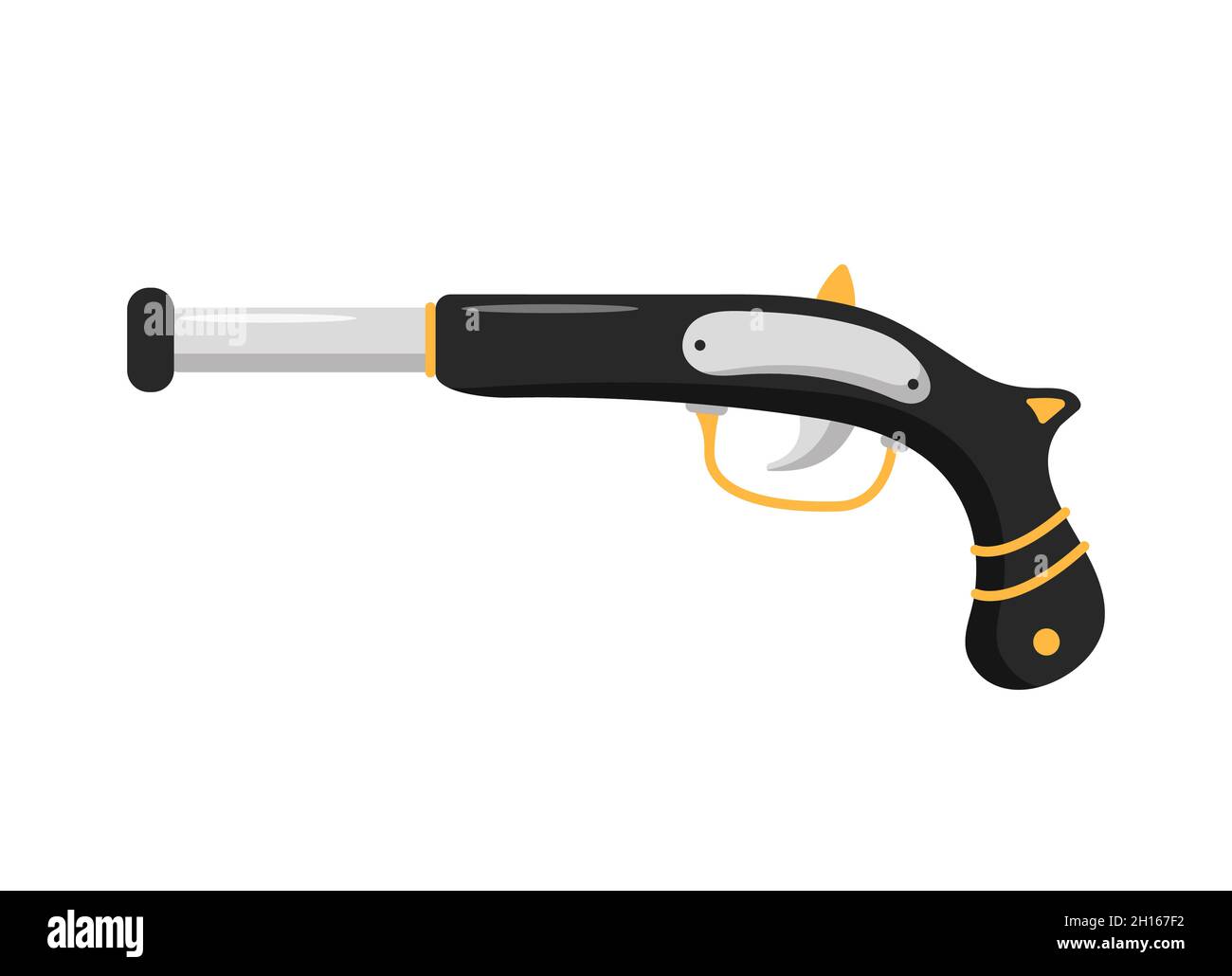 Pistolet antique pirate.Accessoires de costume de carnaval.Aventure de fête.Icône de piratage isolée sur fond blanc.Illustration vectorielle de style dessin animé plat Illustration de Vecteur