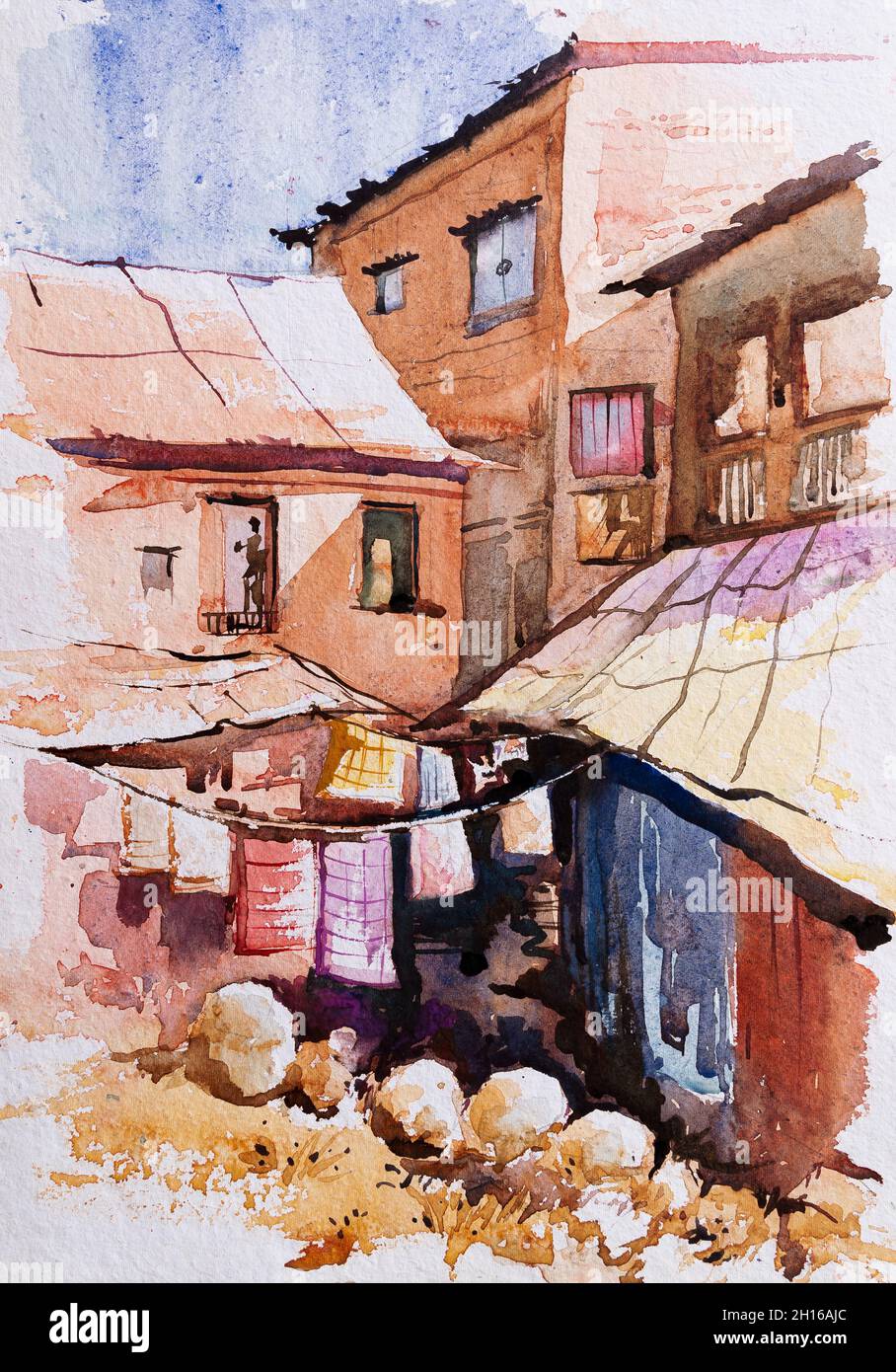 Belle image aquarelle de maisons, jeu de lumière et d'ombre.Peinture à l' aquarelle indienne Photo Stock - Alamy