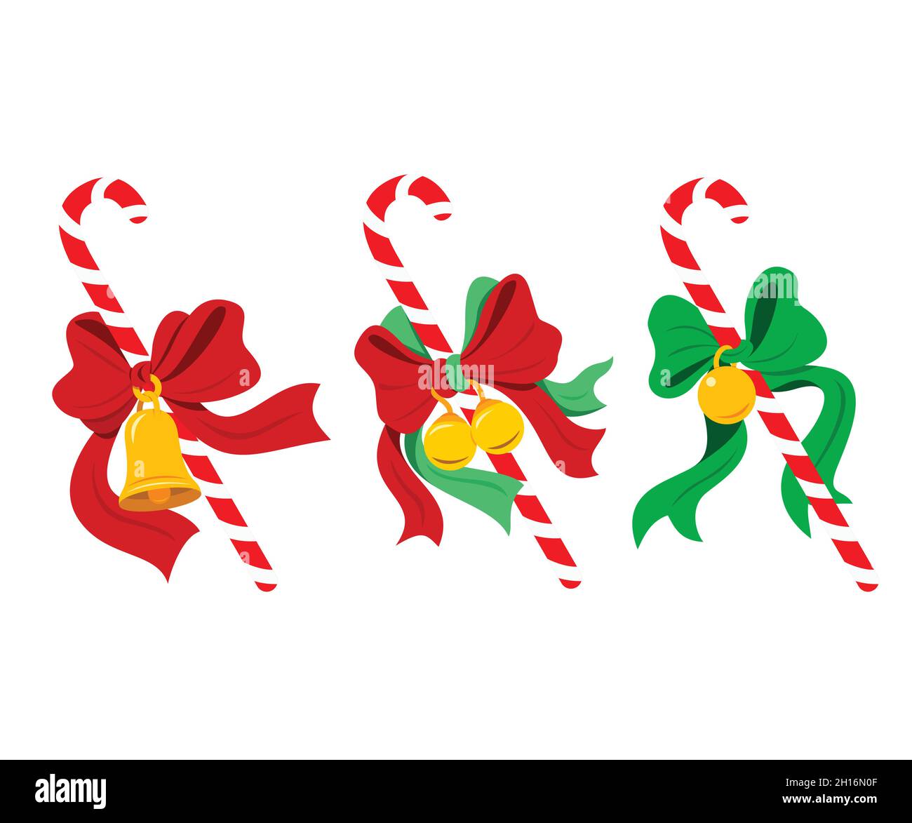 Ensemble de Candy Canes avec rubans et cloches à noeud pour les éléments de Noël. Illustration de Vecteur