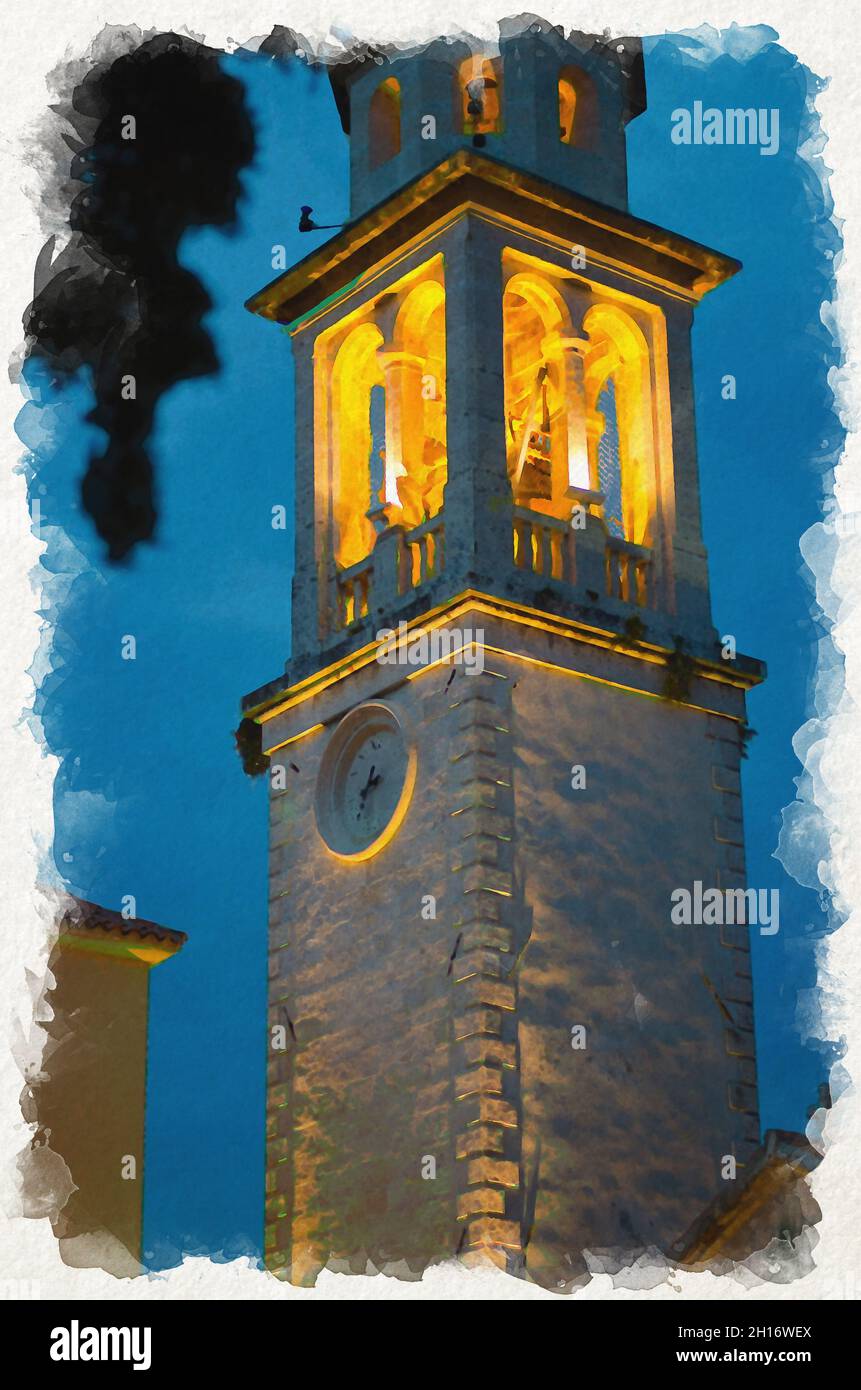 Dessin aquarelle d'une vue nocturne de la chapelle clocher de l'église Saint Ivan, Budva, Monténégro Banque D'Images