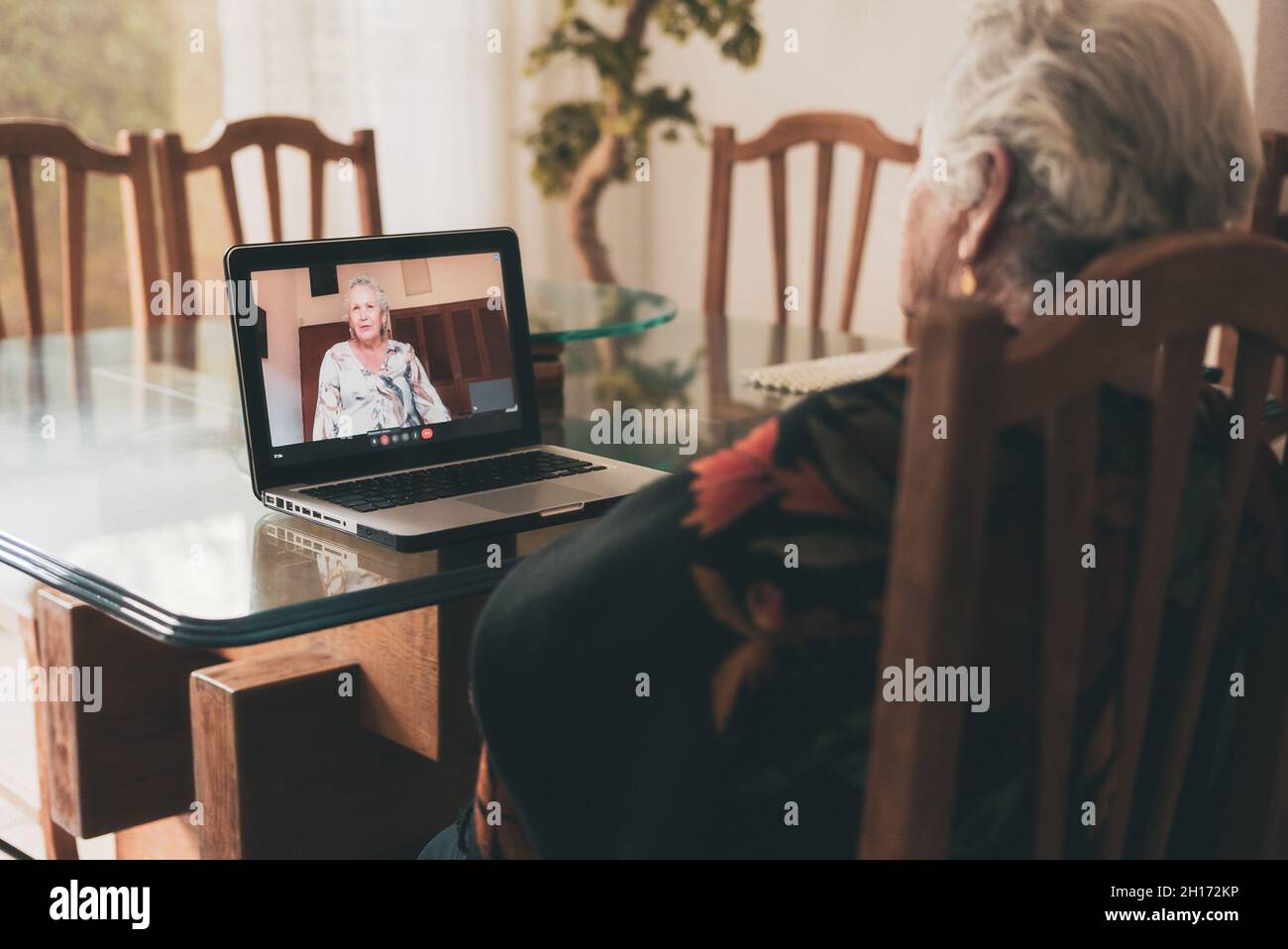 Vue arrière d'une femme âgée méconnue avec de courts cheveux gris assis sur une chaise et écoutant Au revoir de la sœur tout en passant un appel vidéo via le netbook A. Banque D'Images