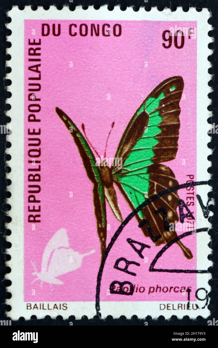 CONGO - VERS 1971: Un timbre imprimé au Congo montre la queue jaune vert pomme, phorcas papilio, papillon, vers 1971 Banque D'Images