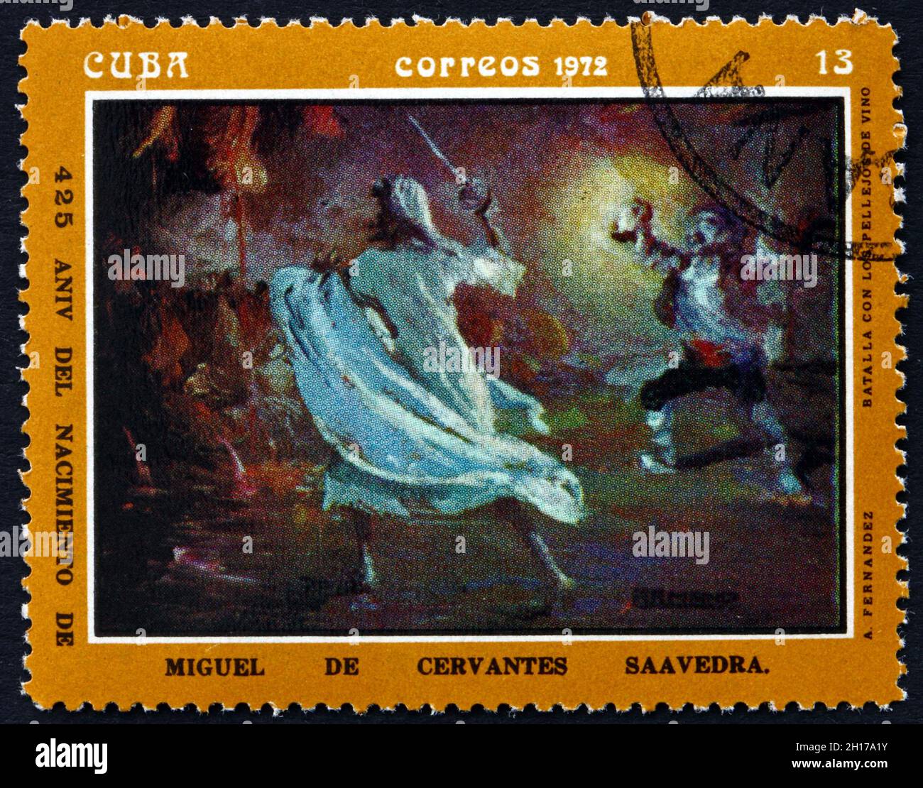 CUBA - VERS 1972 : un timbre imprimé à Cuba montre Battle with Wine Skins, peinture de A. Fernandez, vers 1972 Banque D'Images