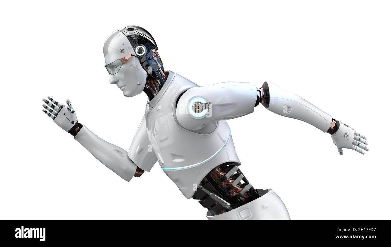 Concept de technologie à vitesse rapide avec robot de rendu 3d isolé sur blanc Banque D'Images