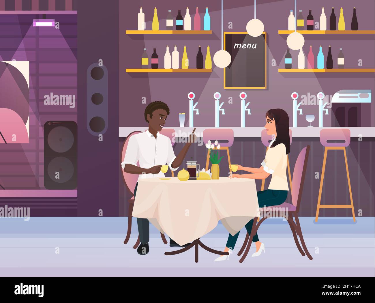 Couple dînant au restaurant, les amoureux de différentes races déjeunent. Concept de multiculturalisme et de diversité, image vectorielle plate Illustration de Vecteur