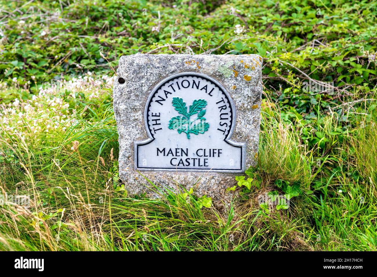 Panneau pour le fort promontoire du château de Maen Cliff, près de Land's End, Cornwall, Royaume-Uni Banque D'Images