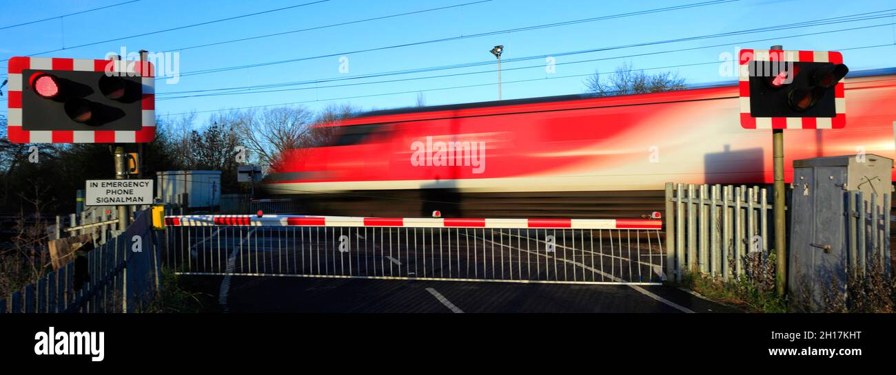 Train vierge de classe 91 passant des feux rouges à un passage à niveau sans pilote, East Coast main Line Railway, Peterborough, Cambridgeshire, Angleterre, Royaume-Uni Banque D'Images