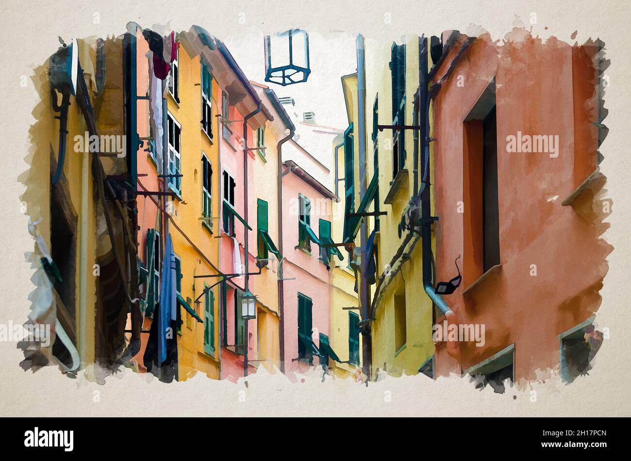 Dessin aquarelle d'une rue étroite avec des bâtiments multicolores colorés maisons du village de Portovenere avec des lampes de rue, parc national Cinque te Banque D'Images