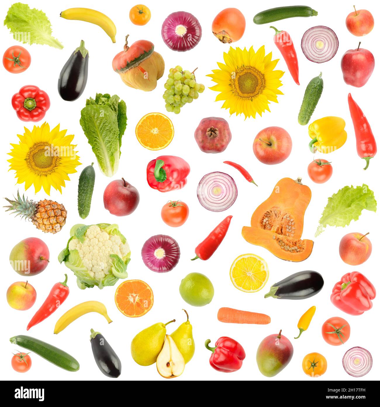 Grand ensemble carré de légumes et de fruits isolés sur fond blanc. Banque D'Images
