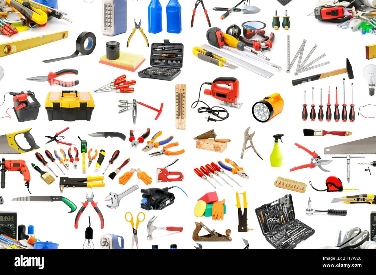 Schéma sans couture des outils nécessaires à la réparation et à l'entretien de la maison.Isolé sur blanc. Banque D'Images