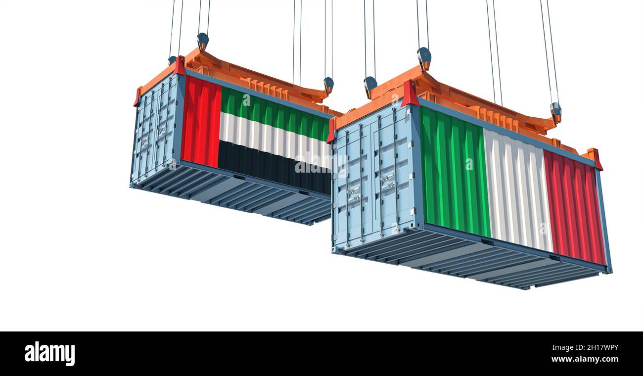 Expédition de conteneurs avec drapeau des Émirats arabes Unis et de l'Italie.Rendu 3D Banque D'Images