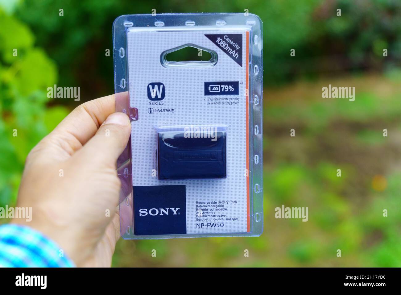 Volzhsky, Russie-25 septembre 2021 : mise au point sélective de la batterie de l'appareil photo NP-FW50 de Sony Banque D'Images