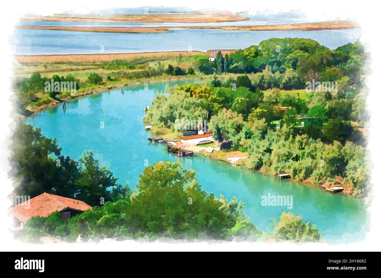 Dessin aquarelle d'une vue aérienne des îles de Torcello, canal d'eau avec bateaux de pêche, arbres verts et buissons, marais.Vue sur la lagune vénitienne depuis bel Banque D'Images