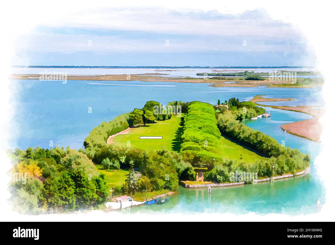 Dessin aquarelle d'une vue aérienne du marais des îles Torcello, du canal d'eau et de la ruelle et des buissons d'arbres verts.Vue panoramique sur la lagune vénitienne.Vénétie R Banque D'Images