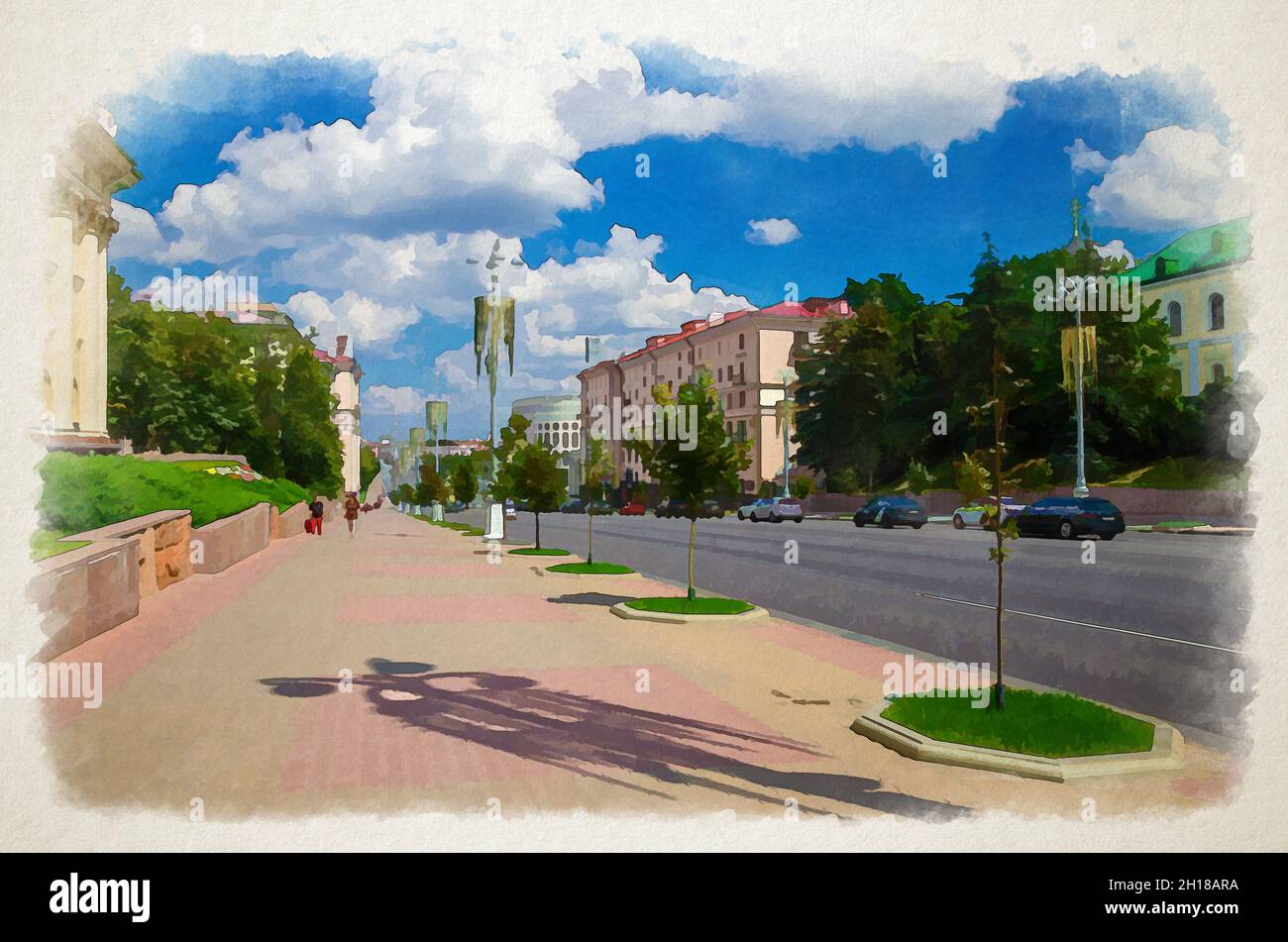 Dessin aquarelle de Minsk: L'avenue de l'indépendance avec le classicisme socialiste les bâtiments de style Empire de Staline, le trottoir et les voitures d'équitation et les bus, Banque D'Images