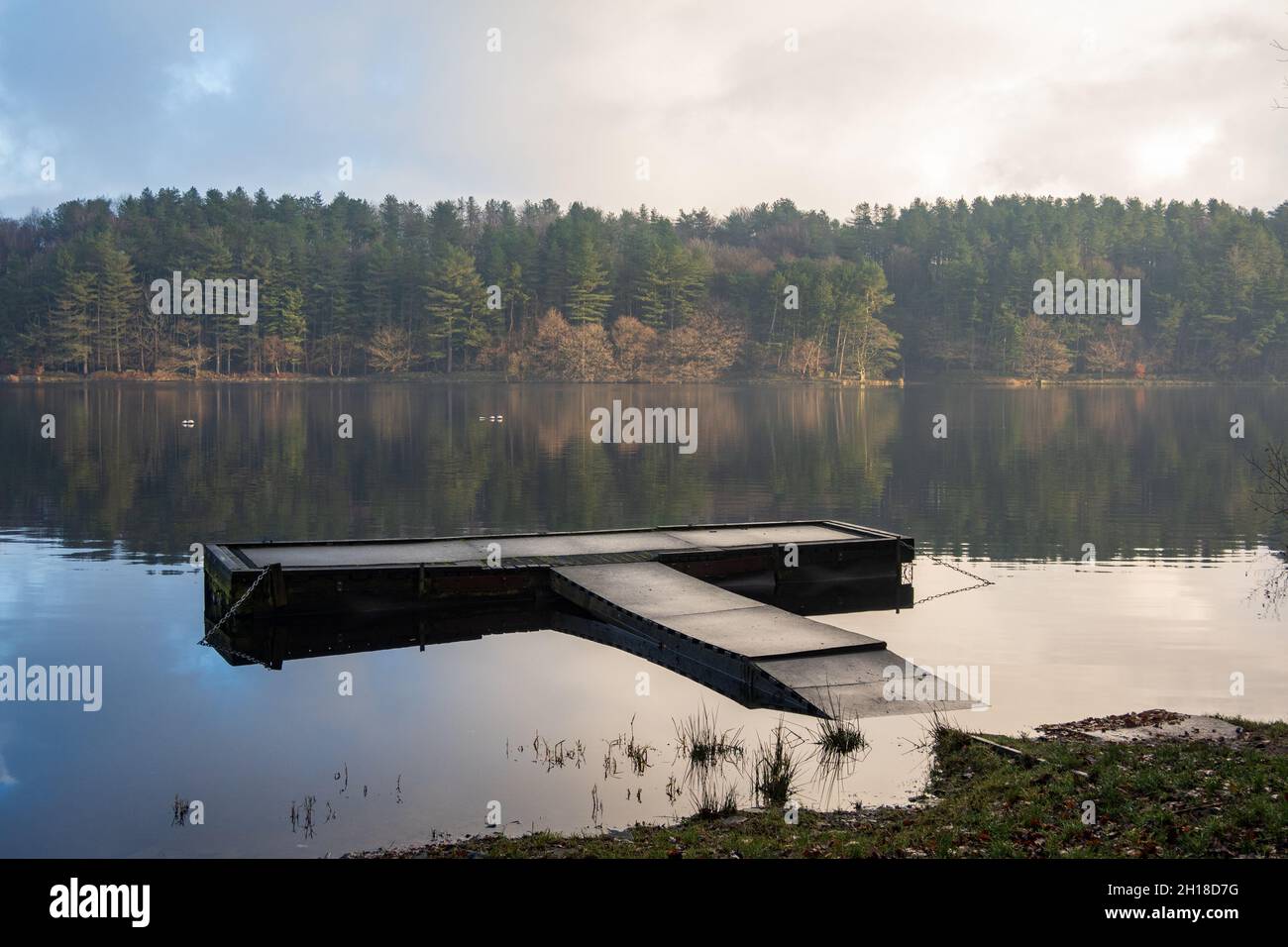 Jetée flottante sur une eau plate et calme au réservoir de Roddlesworth. Banque D'Images
