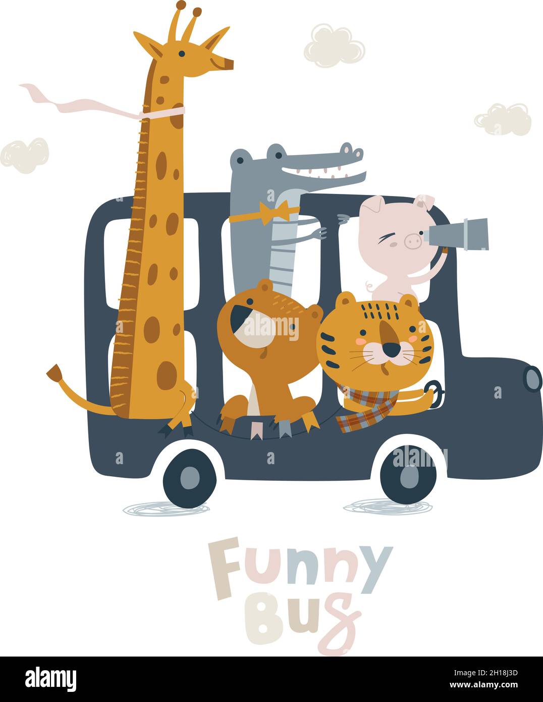 Joli bus londonien avec des animaux dans des tons pastel.Lion cub, crocodile, girafe, ours illustration pour nouveau-né.Illustration avec douche de bébé mignonne Illustration de Vecteur