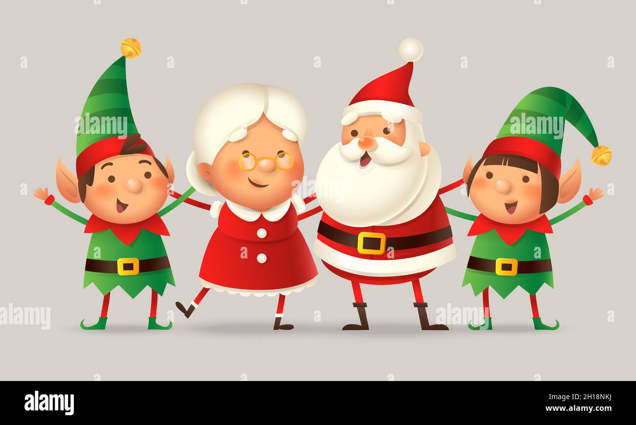 Des amis adorables célèbrent Noël - Père Noël, Madame Claus, fille et garçon Elves - illustration vectorielle isolée Illustration de Vecteur