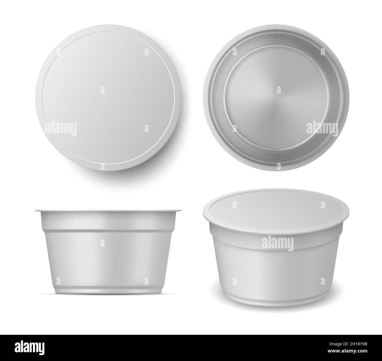 Vue imprenable sur les pots de yaourt ou de crème glacée.Partie supérieure, avant et perspective de l'emballage laitier en plastique vierge.Ensemble de yaourts vectoriels Illustration de Vecteur
