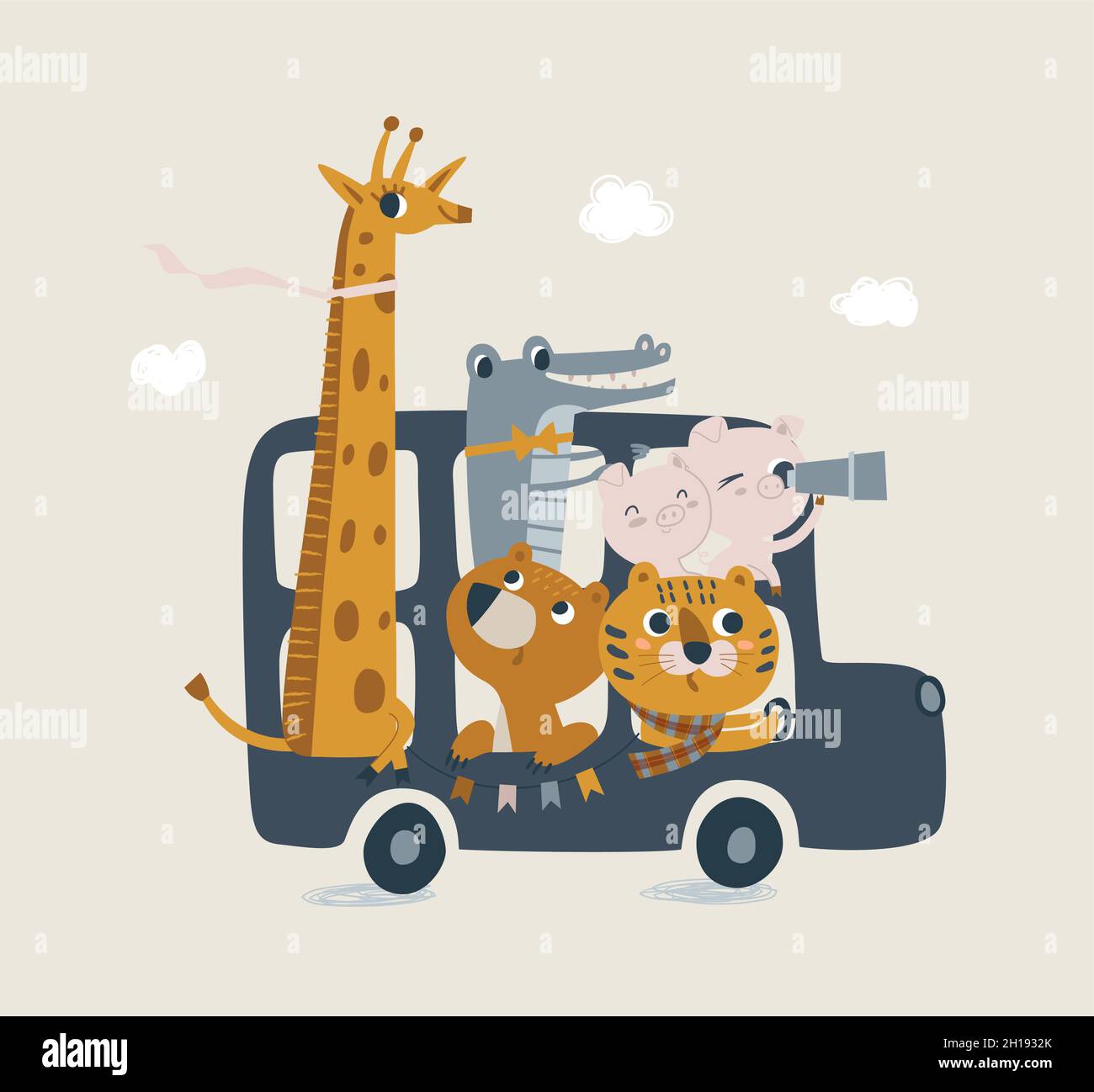 Joli bus londonien avec des animaux dans des tons pastel.Lion cub, crocodile, girafe, ours illustration pour nouveau-né.Illustration avec douche de bébé mignonne Illustration de Vecteur