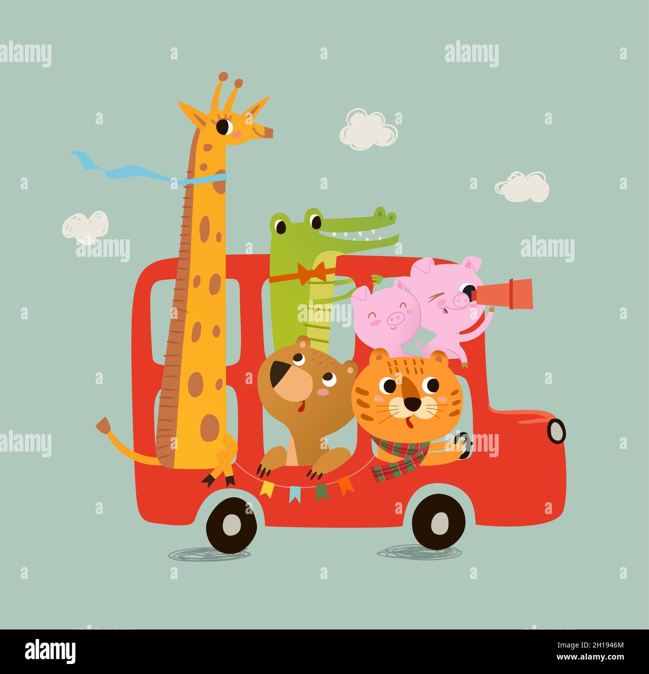 Joli bus londonien avec des animaux dans des tons pastel.Lion cub, cochons. Crocodile, girafe, ours.Illustration vectorielle pour nouveau-né.Illustration avec mignon Illustration de Vecteur
