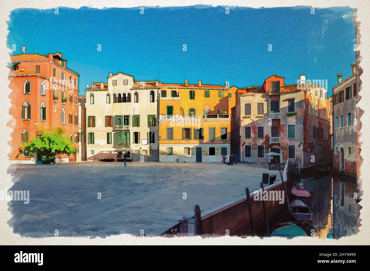 Dessin aquarelle de la place Campo San Anzolo Sant'Angelo avec des bâtiments typiquement italiens d'architecture vénitienne et étroit canal d'eau dans Venise HIS Banque D'Images
