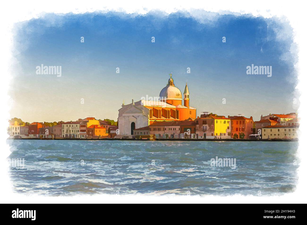 Dessin aquarelle de l'église catholique Chiesa del Santissimo Redentore et rangée de bâtiments sur le remblai de fondamenta du canal de l'île de Giudecca à Veneti Banque D'Images
