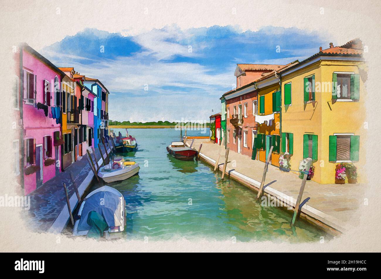 Dessin aquarelle de l'île de Burano avec des maisons et des bâtiments colorés sur le remblai de canal étroit d'eau avec des bateaux de pêche et vue sur le décalage vénitien Banque D'Images