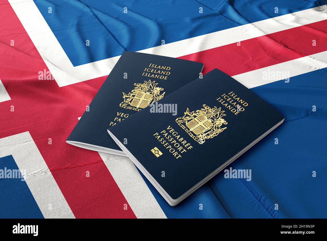 Passeport islandais avec une photo de haut sur son drapeau, citoyens de l'Islande Banque D'Images