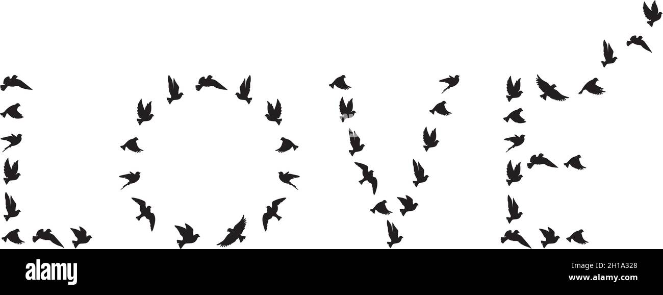 Silhouettes d'oiseaux volants en forme de mot amour isolé sur fond blanc, vecteur.Texte, lettrage.Affiche Desi minimaliste noir et blanc Illustration de Vecteur
