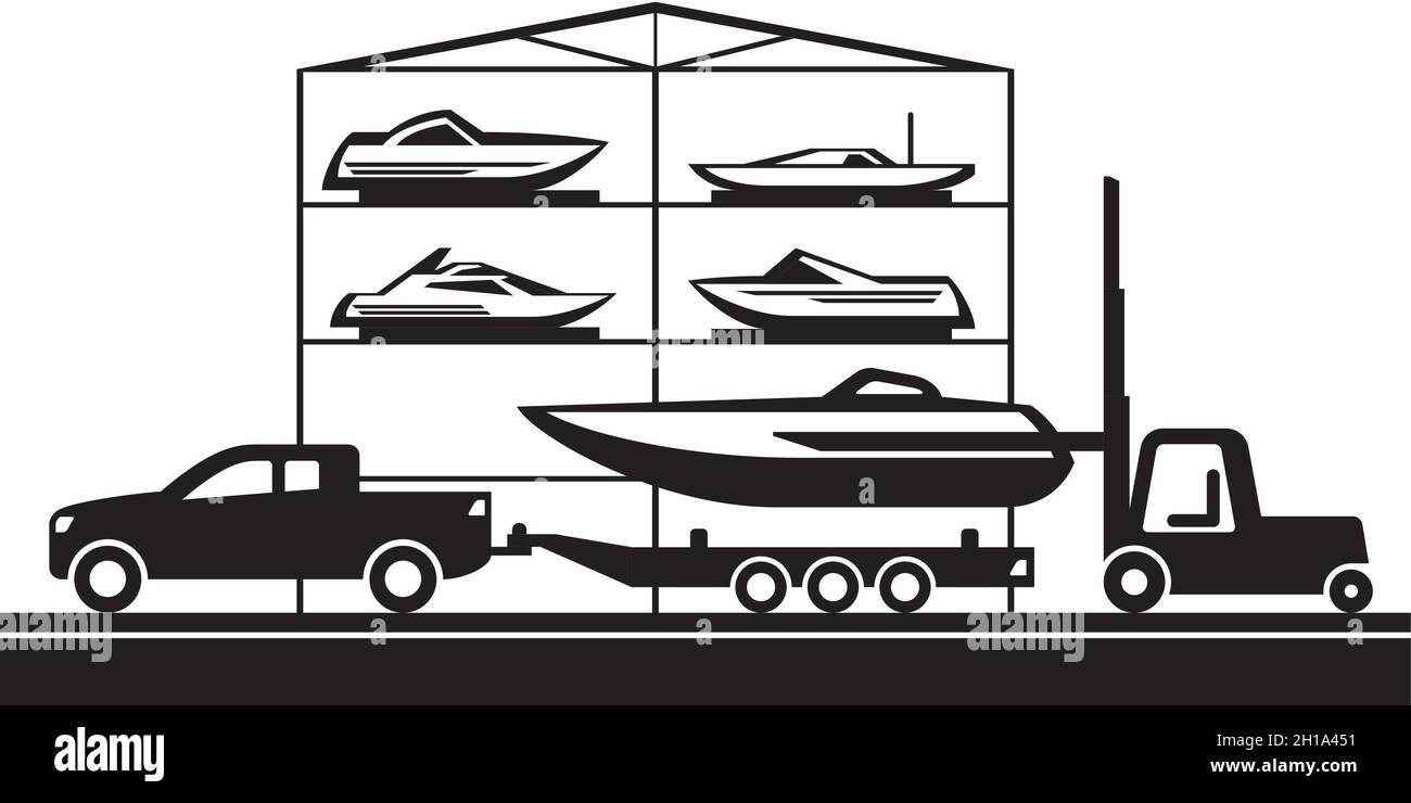 Chariot élévateur et ramassage déplacement d'un bateau depuis un quai de stockage sec – illustration vectorielle Illustration de Vecteur