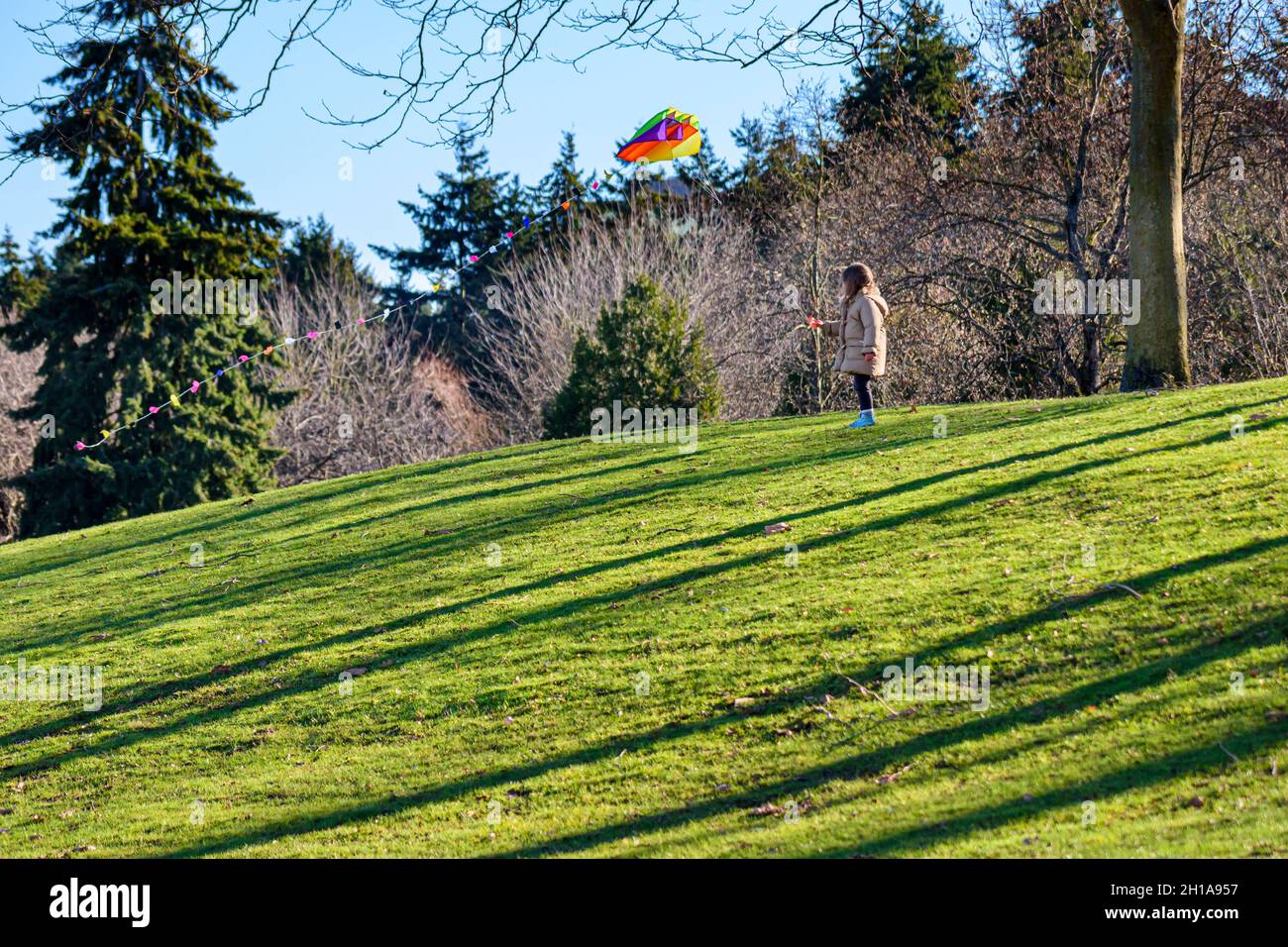 Une jeune fille vole un cerf-volant coloré le jour de l'hiver, à Charleson Park, Vancouver, Colombie-Britannique, Canada. Banque D'Images