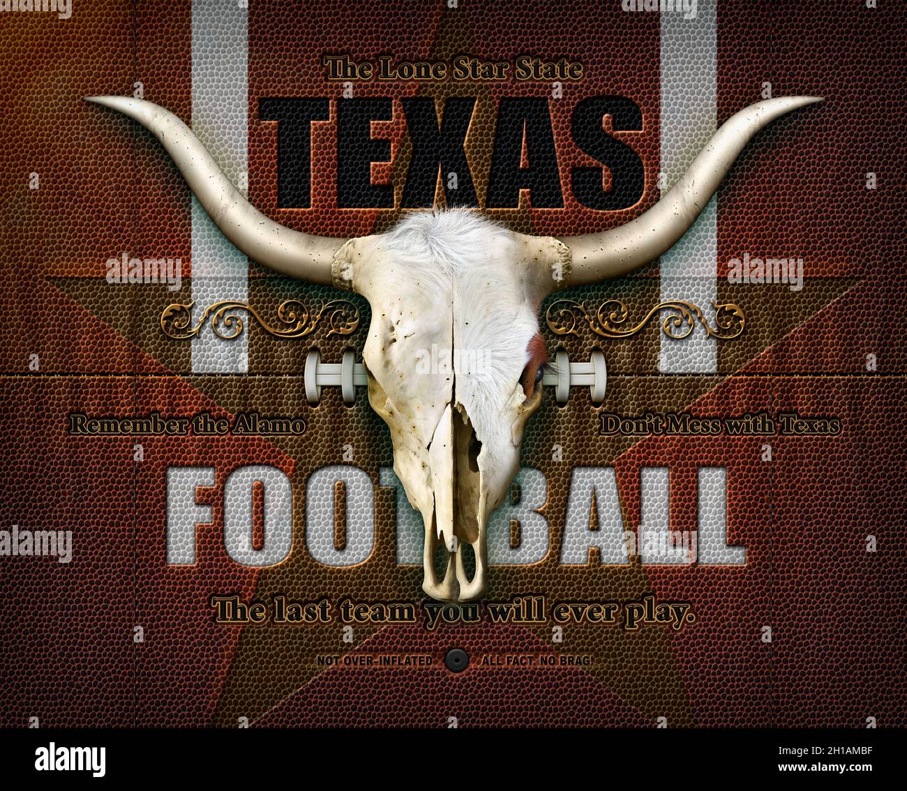 Crâne de la vache Longhorn, et les mots Texas football, en relief sur un football aplati en deux dimensions.Illustration 3D Banque D'Images