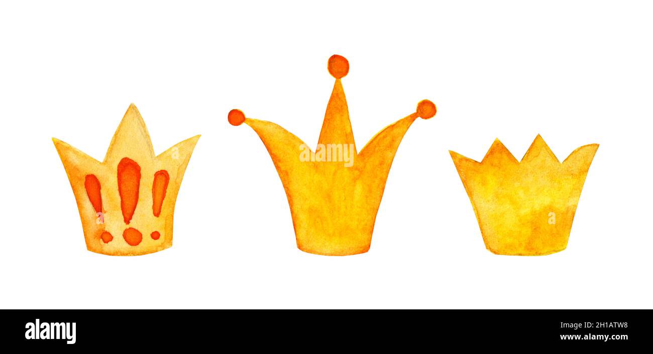 Ensemble de peinture aquarelle des icônes de couronne pour jeune prince ou princesse.Illustration de style Doodle pour queen et king size.Brosse d'esquisse pour les couronnes dorées o Banque D'Images