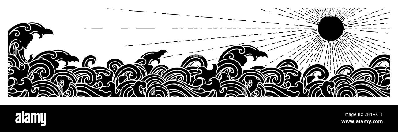 Océan oriental mer tempête silhouette silhouette écran large papier peint illustration vectorielle. Illustration de Vecteur