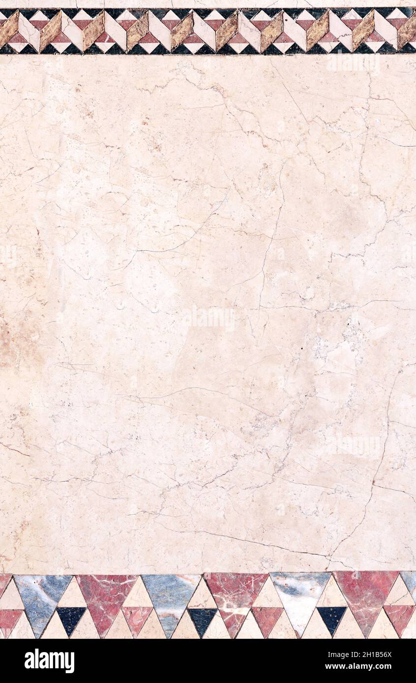 Arrière-plan vertical ou horizontal avec mosaïque décorative ancienne sur marbre.Bannière verticale avec décoration décorative en pierre.Modèle de maquette.Station santé Copy Banque D'Images