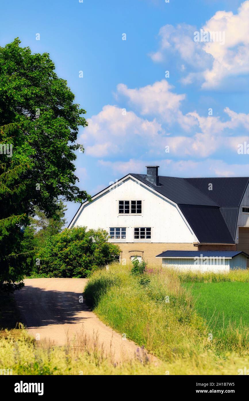 Ferme blanche dans le pays un beau jour d'été. Banque D'Images