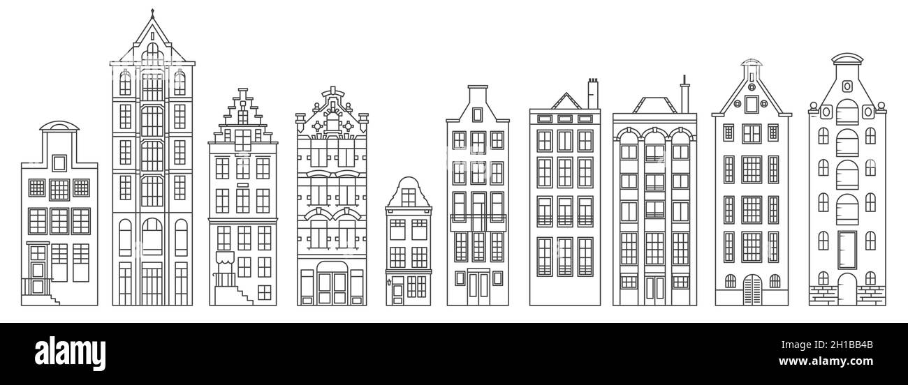 Un ensemble de vieilles maisons européennes.Architecture des pays-Bas.Illustration du contour de la ligne vectorielle. Illustration de Vecteur