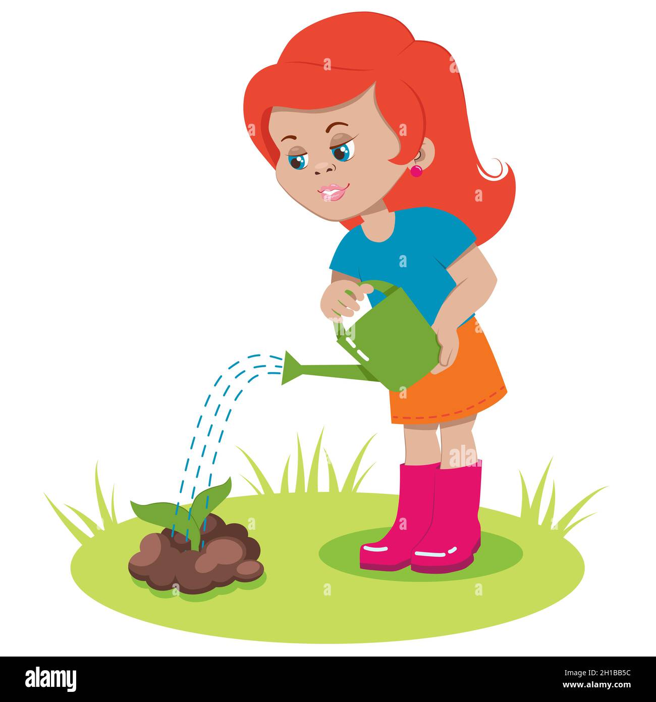 La fille est arroser les plantes dans le jardin à partir d'un arrosoir.L'enfant prend soin des fleurs.Illustration vectorielle. Illustration de Vecteur