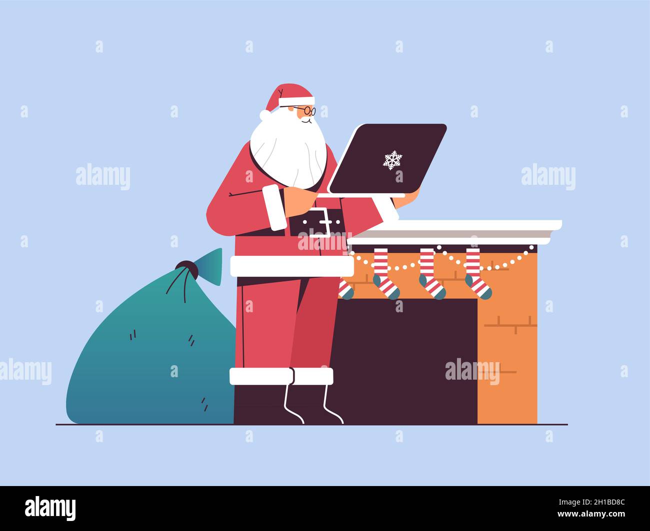 père noël avec sac de boîte cadeau à l'aide d'un ordinateur portable joyeux noël joyeux noël concept de fête Illustration de Vecteur
