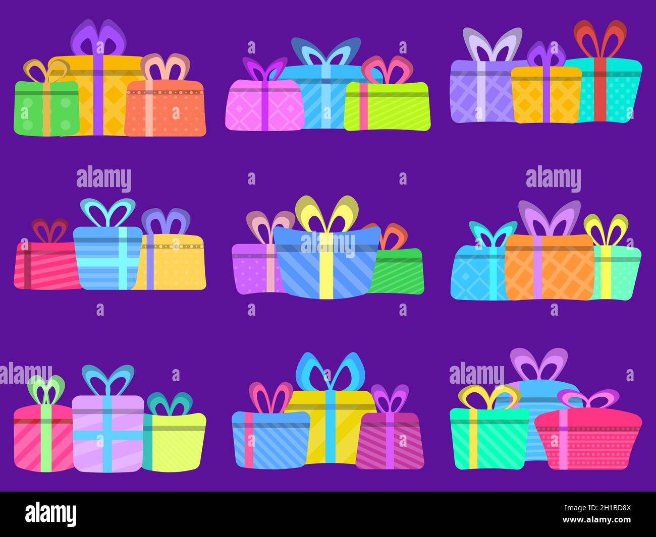Coffret cadeau Icon de style plat.Surprise dans une boîte.Compositions avec des cadeaux de différentes couleurs pour des produits publicitaires, des brochures et des bannières.VEC Illustration de Vecteur