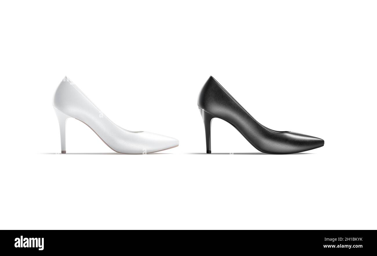 Maquette de chaussures à talons hauts, noir et blanc, vue de profil, rendu 3d.Bottes à talons hauts vides, modèle isolé.Chaussures femme classiques transparentes pour Banque D'Images