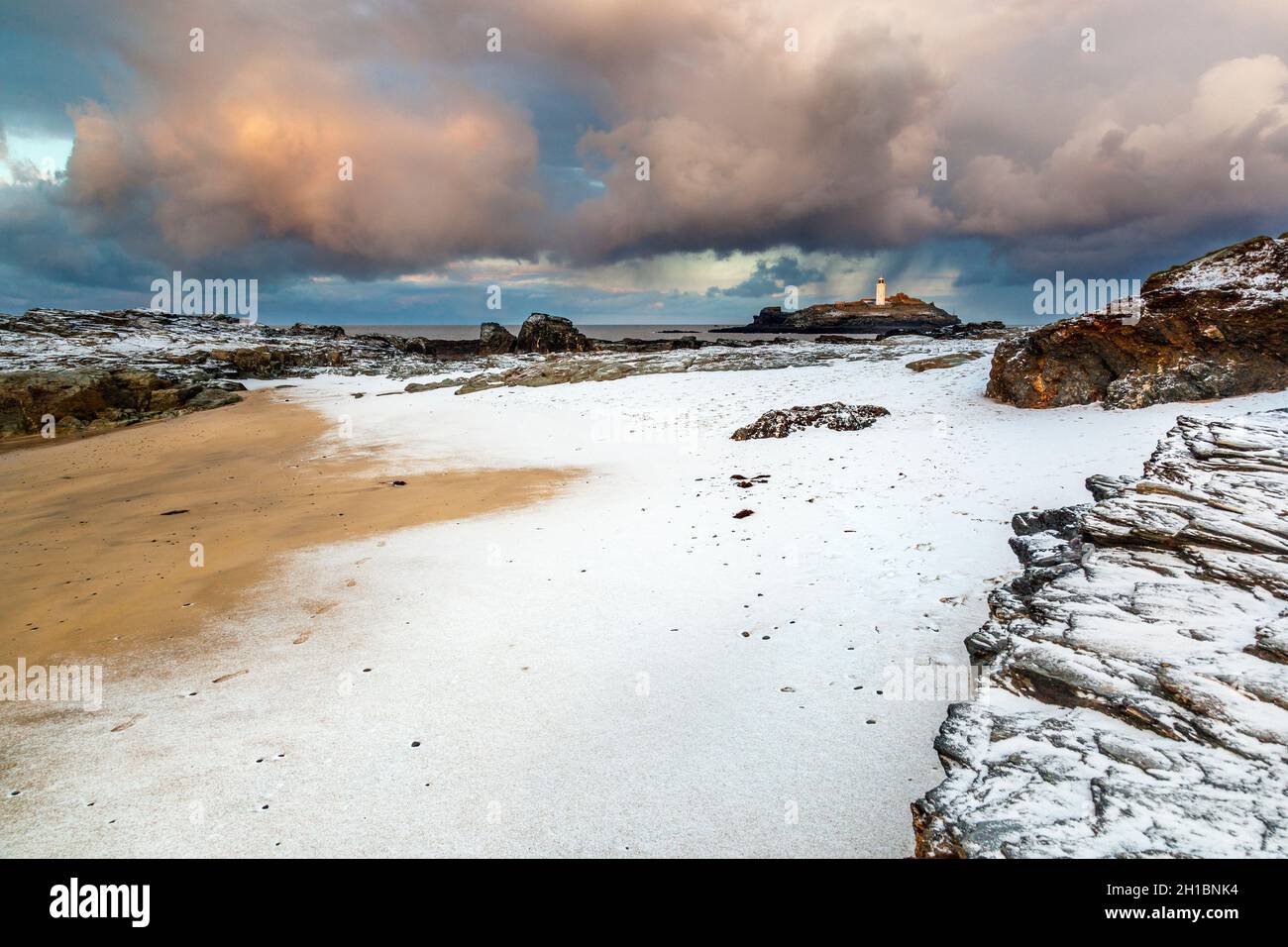 Gwithian Godrevy ; à partir de ; dans la neige ; Cornwall Banque D'Images