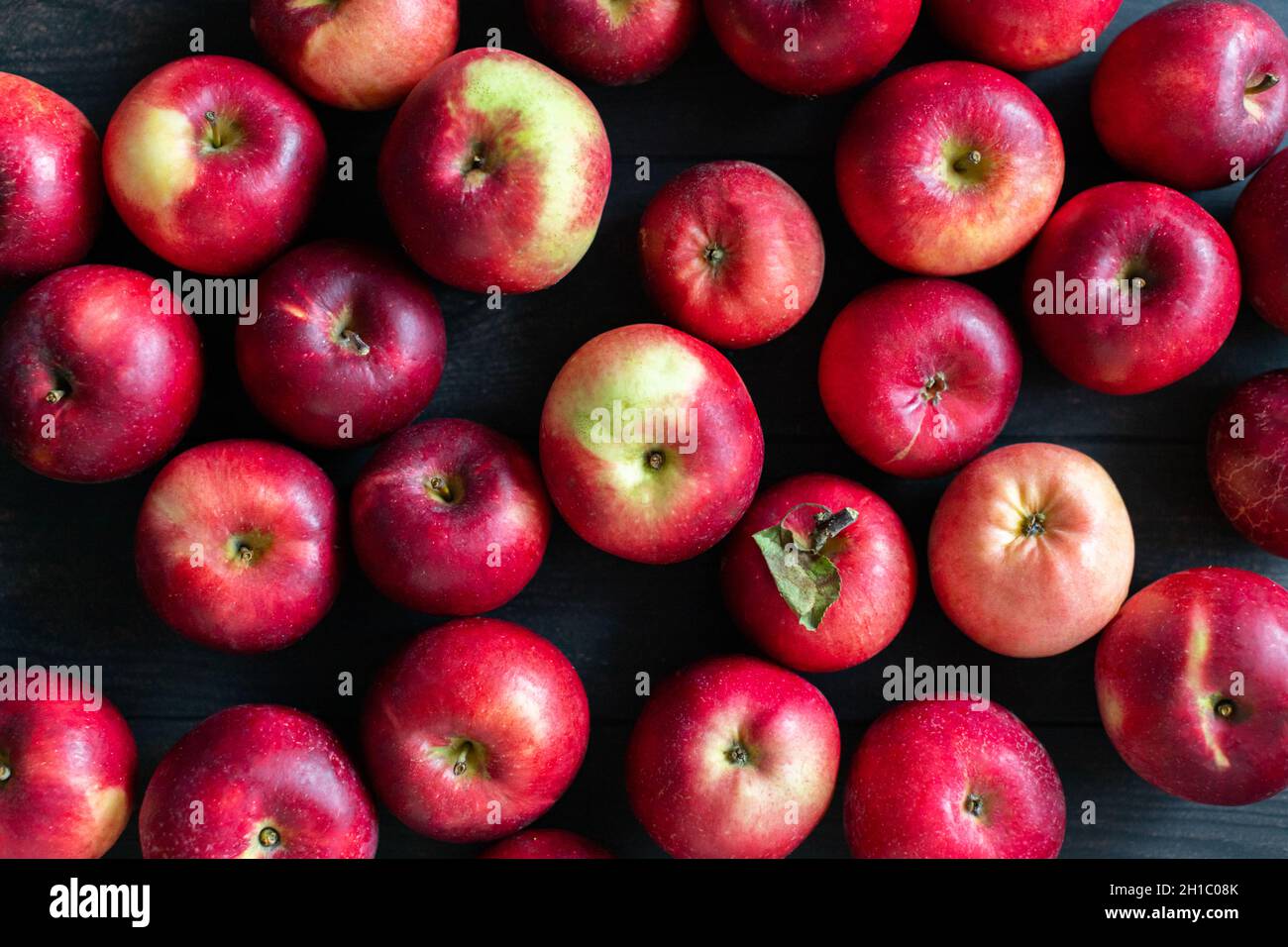 Pommes rouges imparfaites sur fond sombre.En vrac.Vue de dessus.Pommes de saison.Russie, Chekhov. Banque D'Images