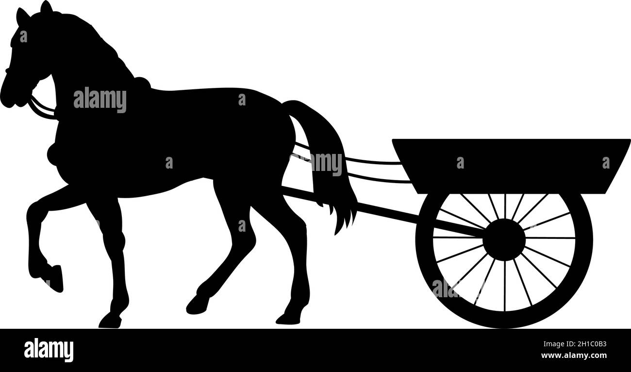 Cheval silhouette attaché au chariot. Transport rural traditionnel Illustration de Vecteur